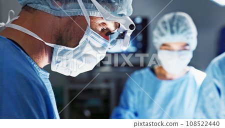 Surgery, hospital and doctor with face mask for operation, medical emergency and service in theater. Healthcare, procedure and closeup of surgeon with light for patient injury, wellness and accident 108522440