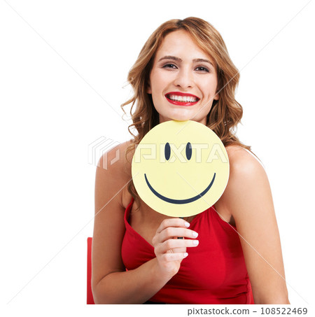 Portrait, woman and smile emoji on paper in studio for good opinion, positive emotion and white background. Model show circle sign with happy face for joy, emoticon reaction or review on social media Portrait, woman and smile emoji on paper in studio for good opinion, positive emotion and white background. Model show circle sign with happy face for joy, emoticon reaction or review on social media 108522469
