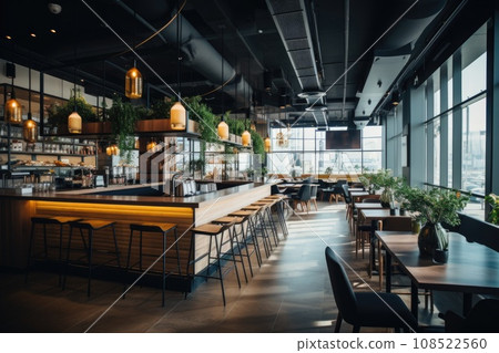 The interior of a cafe or restaurant with a large number of plants 108522560