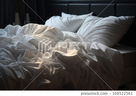 White crumpled bed with pillows and a blanket on the bed on a black background 108522561