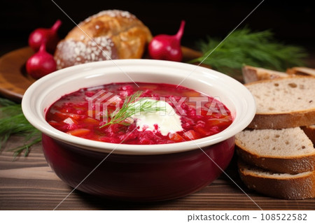 Red borscht with sour cream 108522582