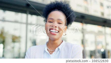 Business, portrait and happy black woman in city for corporate career or job outdoor. Face, confident professional and African entrepreneur, employee and consultant working in urban town in Nigeria 108522630