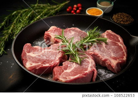Ready-to-cook raw lamb, steaks in a frying pan with herbs Ready-to-cook raw lamb, steaks in a frying pan with herbs 108522653