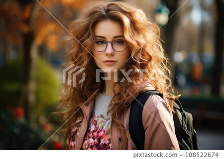 A student girl with a backpack and glasses goes to the park in autumn and laughs A student girl with a backpack and glasses goes to the park in autumn and laughs 108522674