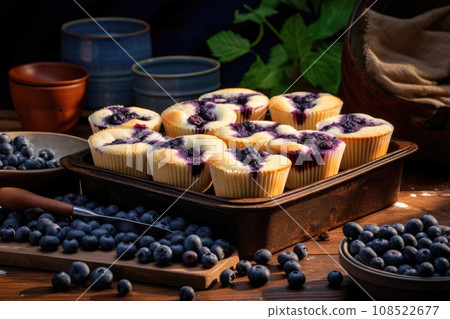 Blueberry muffins in a baking dish Blueberry muffins in a baking dish 108522677