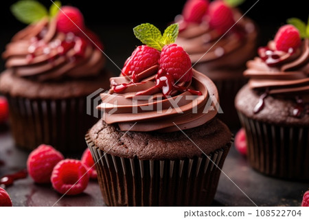Close-up of delicious chocolate cupcakes with raspberries Close-up of delicious chocolate cupcakes with raspberries 108522704
