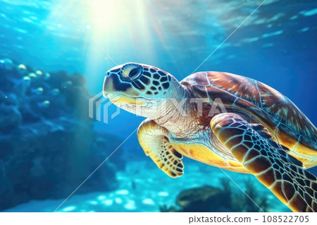 Close-up of a green sea turtle swimming underwater Close-up of a green sea turtle swimming underwater 108522705