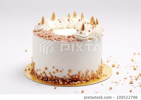 Cake with white cream decorated with golden nuts on a white background Cake with white cream decorated with golden nuts on a white background 108522706