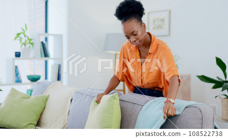 Woman, cleaning and housework in living room, pillow and tidy and organized or neat on furniture. Black person, domestic and chores for hygiene and sanitary cleanup for fresh home and apartment 108522738