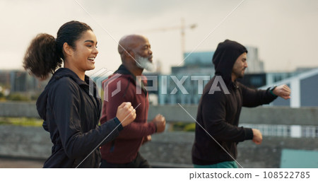 Runner group, friends and city on street with smart watch, progress and happy for fitness, health or wellness. Men, woman and outdoor in metro road for workout, training and exercise with teamwork 108522785