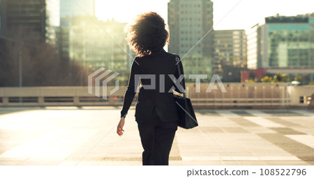 Urban, back and professional person walking on outdoor journey, morning commute and executive on way to job career. City architecture buildings, sunset or pedestrian on travel to work Urban, back and professional person walking on outdoor journey, morning commute and executive on way to job career. City architecture buildings, sunset or pedestrian on travel to work 108522796