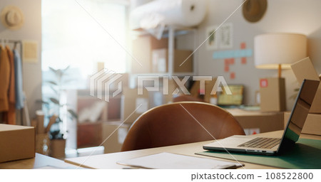 Office, laptop and e commerce for logistics, distribution or shipping business for retail. Fashion design, package and technology for communication, fintech or feedback of customer with clipboard 108522800