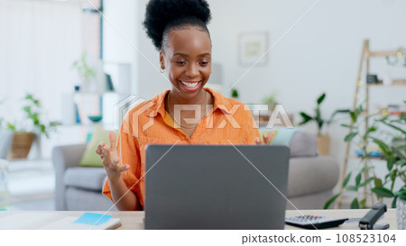 Woman, laptop and video call for work from home, planning and webinar discussion in freelancer marketing career. Happy African worker talking on computer or virtual, online meeting in her living room Woman, laptop and video call for work from home, planning and webinar discussion in freelancer marketing career. Happy African worker talking on computer or virtual, online meeting in her living room 108523104