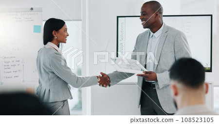 Handshake, award and success with business people in office for winner, support or photographer. Certificate, thank you and achievement with employees in engineering firm for partnership or well done Handshake, award and success with business people in office for winner, support or photographer. Certificate, thank you and achievement with employees in engineering firm for partnership or well done 108523105
