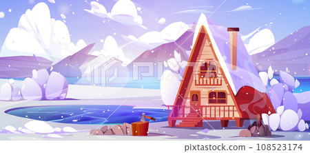 Cartoon winter landscape with wooden cabin Cartoon winter landscape with wooden cabin 108523174