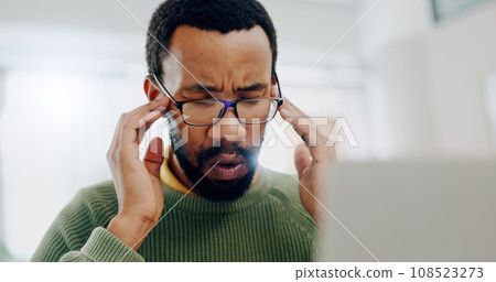 Man, stress or temple at laptop work deadline, thoughts or headache. Black person, hand massage or tired overworked thinking at office or email anxiety job burnout depression, frustrated or overwhelm Man, stress or temple at laptop work deadline, thoughts or headache. Black person, hand massage or tired overworked thinking at office or email anxiety job burnout depression, frustrated or overwhelm 108523273