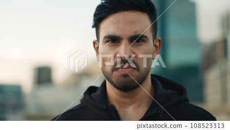 Workout sweat, city portrait and man serious, determined and ready for outdoor cardio, fitness or sports performance. Face, active and angry athlete, runner or person for exercise training routine 108523313