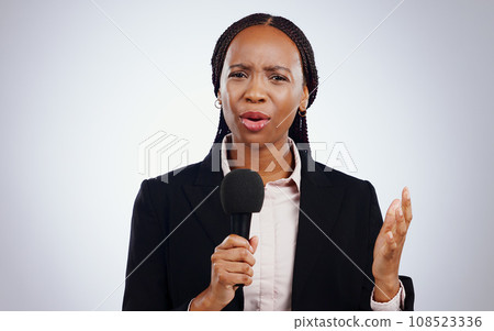 Portrait, news and broadcast with black woman, microphone and journalist on a white studio background. Face, African person and model with interview, reporting and questions with speech and feedback 108523336