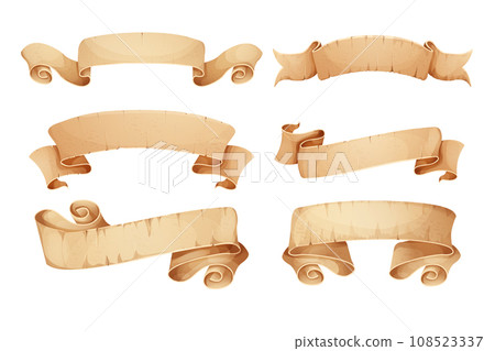 Set Parchment paper scroll ribbon, old vintage banner game ui element in cartoon style isolated on white background. Set Parchment paper scroll ribbon, old vintage banner game ui element in cartoon style isolated on white background. 108523337