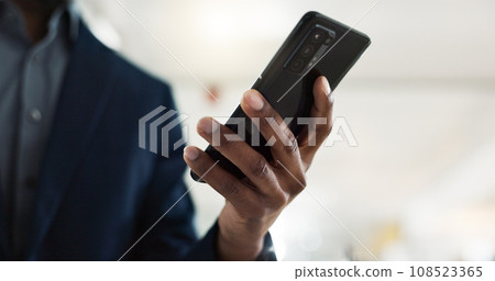 Phone, person hands and typing professional research, internet search and communication with social network user. Cellphone app, closeup CEO or networking consultant texting message, email or report 108523365