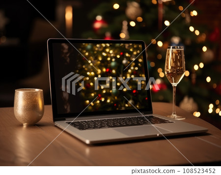 AI generation. An open laptop stands on a table near the New Year tree. Merry Christmas greetings on social networks. AI generation. An open laptop stands on a table near the New Year tree. Merry Christmas greetings on social networks. 108523452
