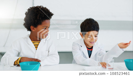 Science, students and boys in a classroom, conversation and chemistry with education, talking and learning. Friends, kids and children with discussion, teaching and knowledge with experiment and fun 108523461