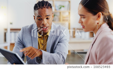 Tablet, diversity and corporate team collaboration, communication or teamwork on work flow analysis. Entrepreneur partnership, discussion and black man, woman or people speaking about web statistics 108523493