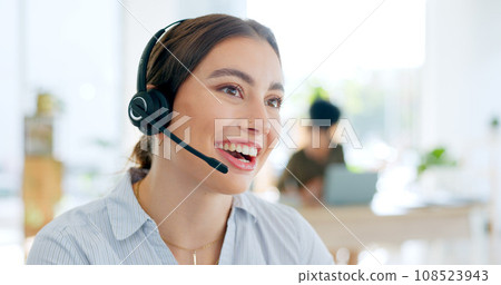 Callcenter, communication and CRM, woman and phone call with telecom or customer service. Contact us, headset and mic with help desk and talking for telemarketing sales and consultant at office 108523943