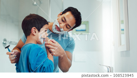 Shaving cream, child and father teaching in bathroom, family home or boy learning morning skincare, beauty and grooming routine. Shave together, son and dad helping with foam, razor and skin care 108523945