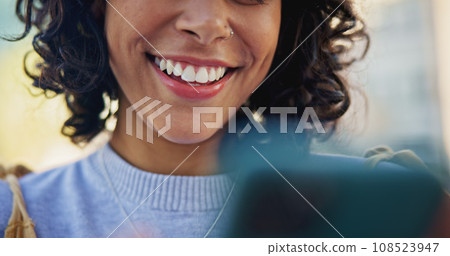 Phone, happy and woman with smile outdoors online for social media, networking and internet in city. Communication, vacation and female person on smartphone for chatting, connection and mobile app Phone, happy and woman with smile outdoors online for social media, networking and internet in city. Communication, vacation and female person on smartphone for chatting, connection and mobile app 108523947