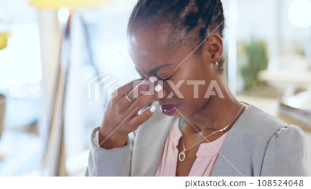 Black woman, headache and business stress from mistake, debt or financial crisis in burnout at office. Frustrated African female person employee in pain, anxiety or depression for fail at workplace 108524048