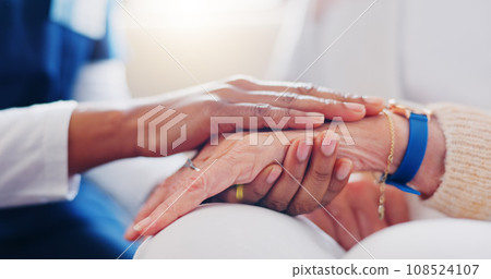 Senior patient, holding hands or consulting a nurse for support or empathy for healthcare help. Closeup, psychology or elderly person in counselling with calm caregiver in nursing home for therapy Senior patient, holding hands or consulting a nurse for support or empathy for healthcare help. Closeup, psychology or elderly person in counselling with calm caregiver in nursing home for therapy 108524107