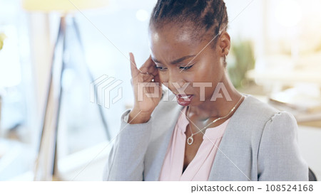 Business woman, headache and pain for office planning, Human Resources crisis and mistake or payroll error. African worker or employee with career fatigue, frustrated or stress for news, debt or fail 108524168
