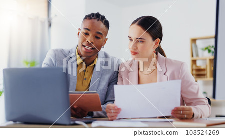 Laptop, diversity and business people collaboration, communication or teamwork on work flow analysis. Notebook planner, discussion talk and black man, woman or team cooperation on research statistics 108524269