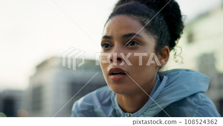 Sweat, fitness and face of woman in city for rest, break and breathe after running, workout and exercise. Sports, endurance and person in town with intense training for wellness, health and challenge 108524362
