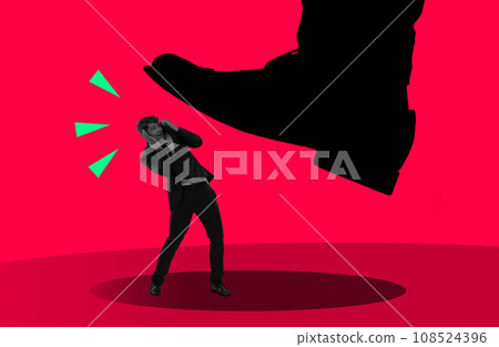 Foot crush man, fear and illustration for art, unfair taxes and corporate oppression by red background. Business owner, entrepreneur and pressure for compliance, shoes stomp or creativity with danger Foot crush man, fear and illustration for art, unfair taxes and corporate oppression by red background. Business owner, entrepreneur and pressure for compliance, shoes stomp or creativity with danger 108524396