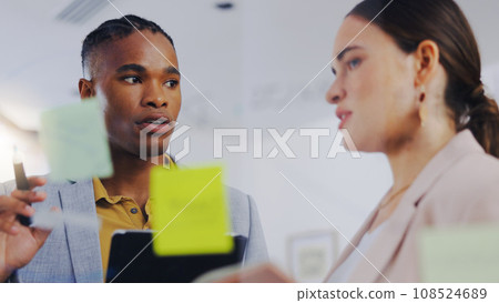 Board, explain or diversity people collaboration, communication and teamwork on sales strategy. Sticky note, brainstorming team or business partner cooperation on research info, project ideas or plan 108524689