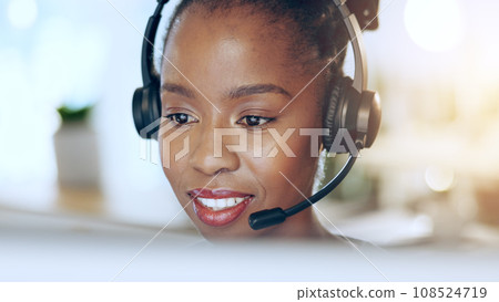 African woman, call center and talk for contact us, microphone and voip tech for telemarketing sales. Consultant, thinking and customer service agent with reading, headphones and advice at help desk African woman, call center and talk for contact us, microphone and voip tech for telemarketing sales. Consultant, thinking and customer service agent with reading, headphones and advice at help desk 108524719