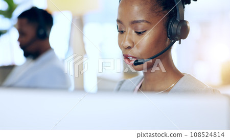 Call center, computer and black woman talk for telemarketing, support or contact us at help desk in office. Customer service, sales agent and African consultant in communication, crm and business Call center, computer and black woman talk for telemarketing, support or contact us at help desk in office. Customer service, sales agent and African consultant in communication, crm and business 108524814