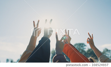 Peace sign, support and hands of friends in nature for community, motivation and teamwork. Partnership, relax and hand gesture with people in outdoors for collaboration, diversity and solidarity Peace sign, support and hands of friends in nature for community, motivation and teamwork. Partnership, relax and hand gesture with people in outdoors for collaboration, diversity and solidarity 108524937