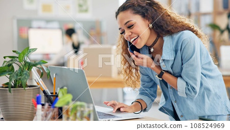 Woman, package and phone call in e commerce, logistics and stock management, online shop or customer support. Seller, supplier or fashion designer talking on mobile, inventory boxes or computer order 108524969