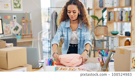 Small business, clothes and a woman packing an order or logistics for fashion delivery in store. Young entrepreneur person or startup company owner for e commerce, parcel or packaging of product 108524983