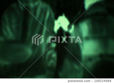 Military, target and green night vision, overlay or dark silhouette of spy, agent or terrorist risk to soldier. Police, surveillance or men training in infrared scope for army or security mission Military, target and green night vision, overlay or dark silhouette of spy, agent or terrorist risk to soldier. Police, surveillance or men training in infrared scope for army or security mission 108524984