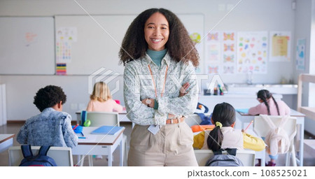 Teacher woman, arms crossed and smile in class with school kids, pride or happy for education career. Academy, classroom and learning expert for children, face or portrait with development for future Teacher woman, arms crossed and smile in class with school kids, pride or happy for education career. Academy, classroom and learning expert for children, face or portrait with development for future 108525021