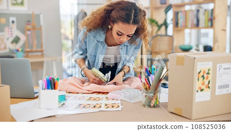 Small business, clothes and a woman packing an order or logistics for fashion delivery in store. Young entrepreneur person or startup company owner for e commerce, parcel or packaging of product 108525036