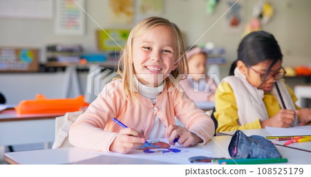 Smile, writing and study with girl in classroom for learning, knowledge and education. Scholarship, happy and future with portrait of young student at school for academy, exam test and project 108525179