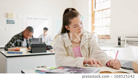Classroom, student and girl writing, education and notebook with knowledge, development or studying. Group, academic or person with creativity, lesson or learning with assessment, thinking or academy 108525242