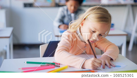 Lesson, girl or students in a classroom, writing or knowledge with productivity, development or notebook. Drawing, children or kids with inspiration, teaching or test with idea, learning or education 108525301