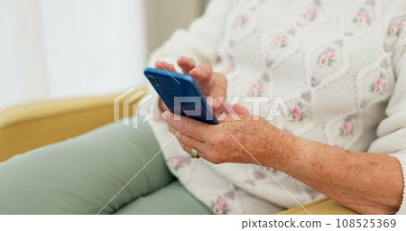 Senior woman, hand typing and phone for communication, contact with internet connection or online for social media post. Elderly person, hands and writing an email, message or search on smartphone Senior woman, hand typing and phone for communication, contact with internet connection or online for social media post. Elderly person, hands and writing an email, message or search on smartphone 108525369