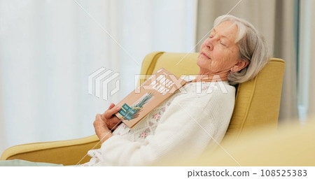 Relax, book and senior woman sleeping in the living room of her modern house on a weekend. Calm, peace and elderly female person in retirement taking a nap after reading a story or novel at home. Relax, book and senior woman sleeping in the living room of her modern house on a weekend. Calm, peace and elderly female person in retirement taking a nap after reading a story or novel at home. 108525383